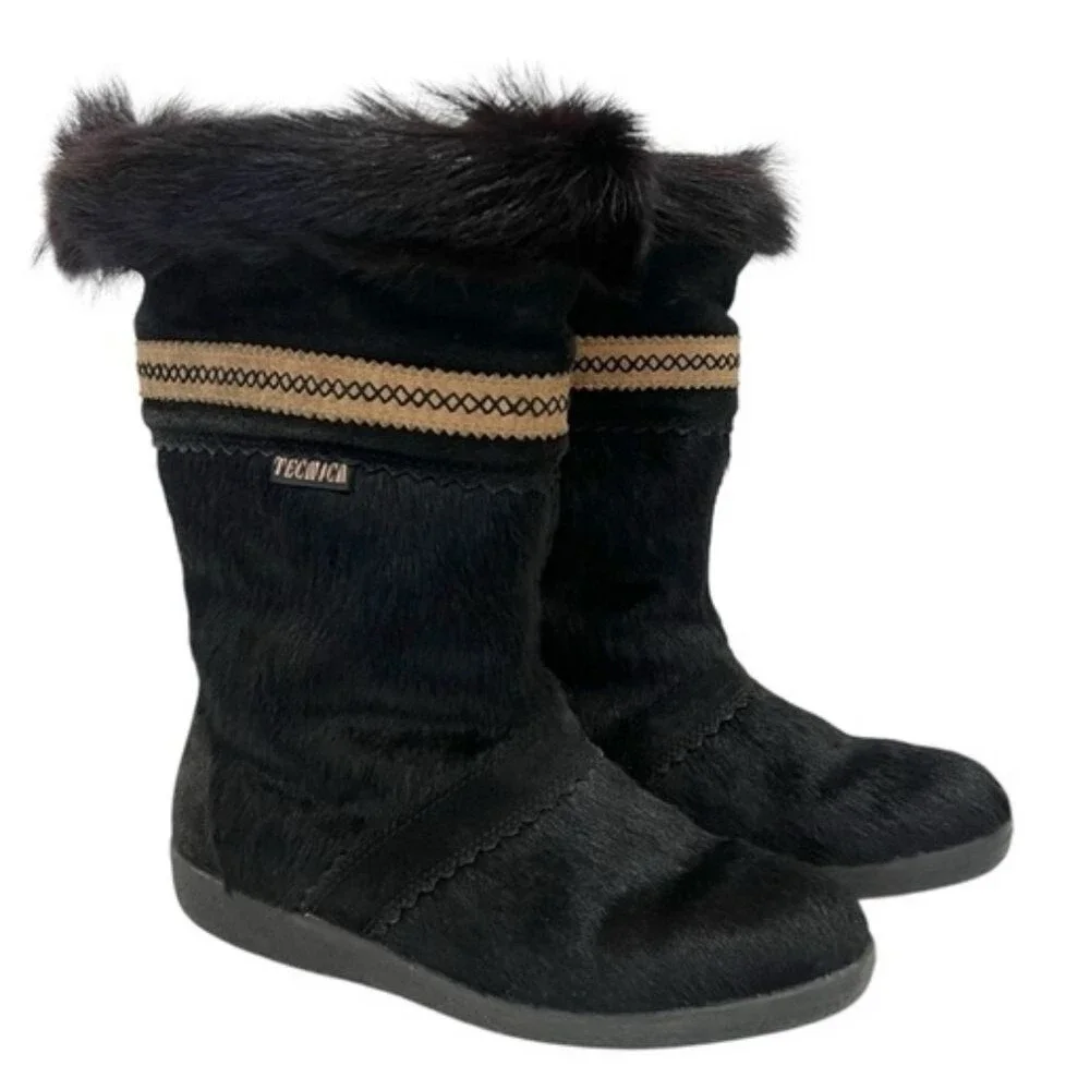 VTG Tecnica Black Goat Fur Aztec Style Trim Apres Ski Winter Snow Boots, 6